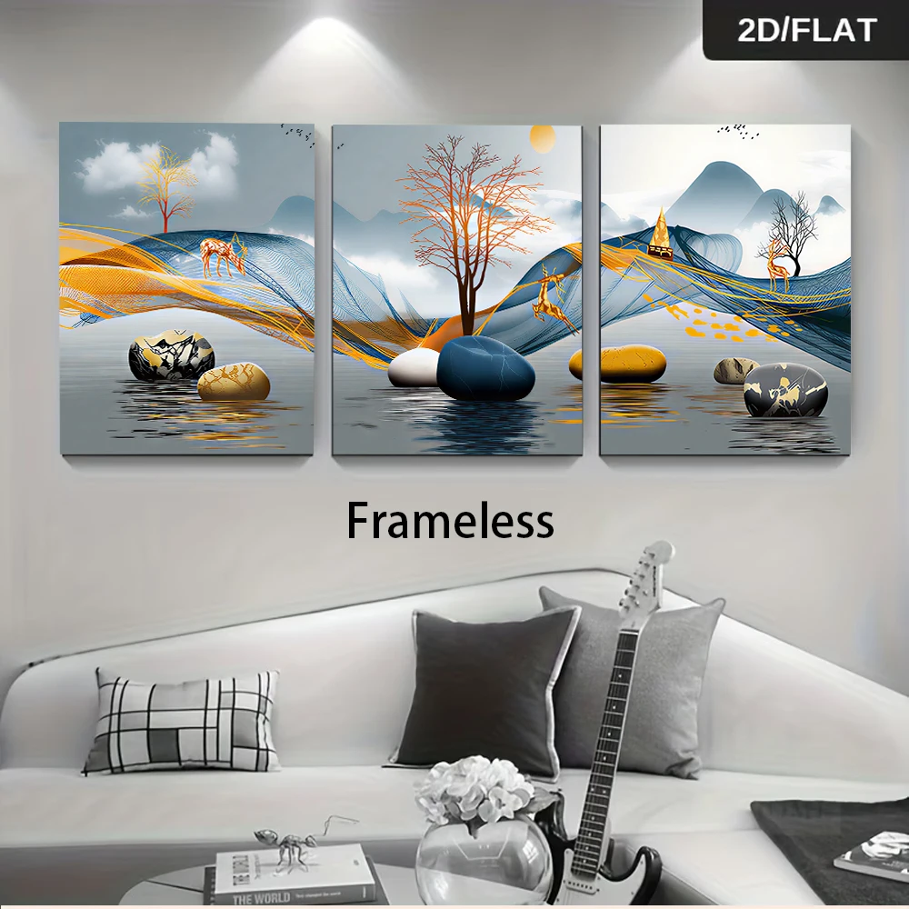 1 set of three frameless decorative paintings: landscape and deer, suitable for bedrooms, studies, and entryways (2D flat design