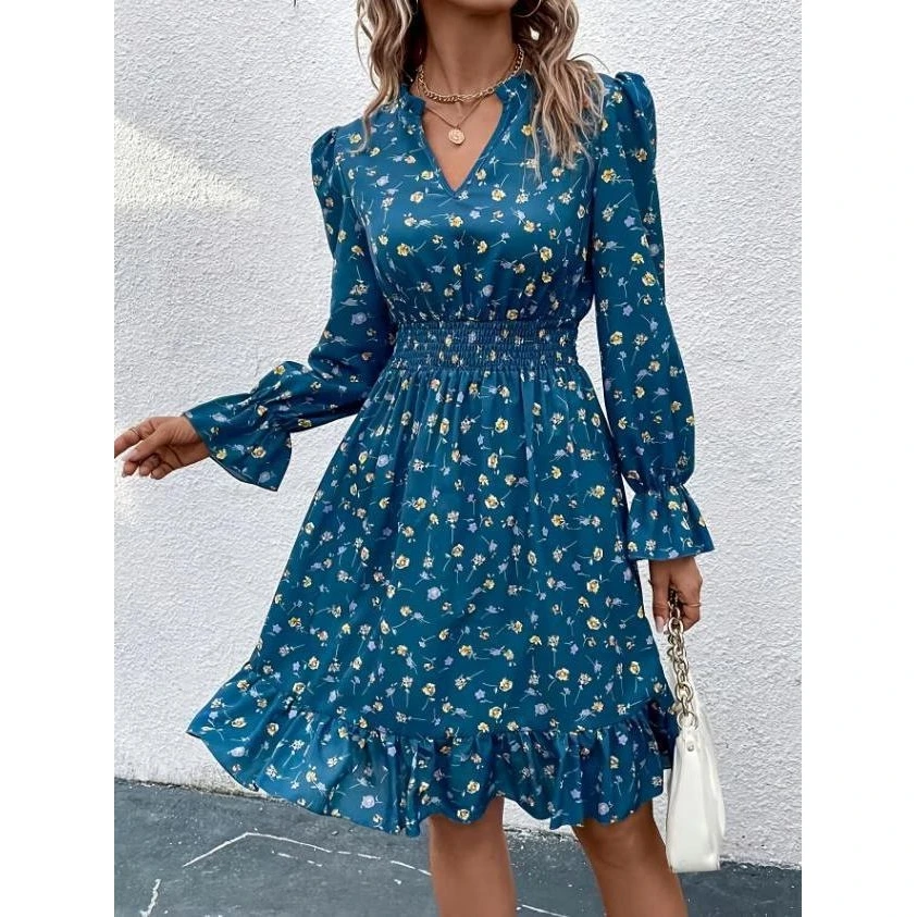 Herfst Winter Bloemenprint Lange Sve Dames Dr Taille Cinched Ele Fairy T Sle Riding Geschikt Maxi Dr