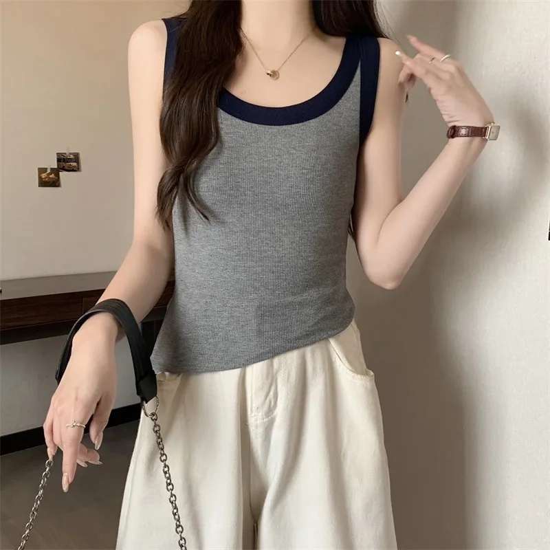 Color Collision Tanks Women New Summer Korean Style Casual Daily Knitted Camisole Office Lady Versatile Solid Color Tops Female