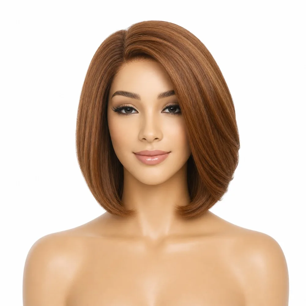 Short Brown Highlights Bob Synthetic Wigs for Women Straight Wig with Side Bangs, Perfect for Everyday Outings, Photoshoots, Parties, Commuting, Casual Wear