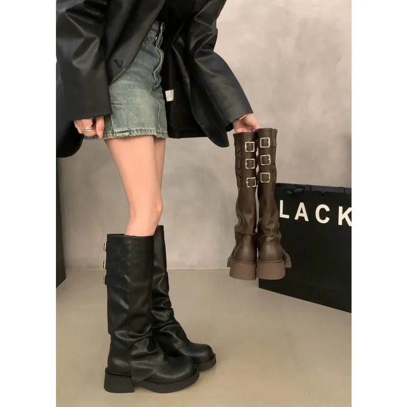 

New Style High Quality Luxury Punk Gothic Style Vintage Motorcycles Western Boots for Women Black Rivets Knee High Boots Shoes