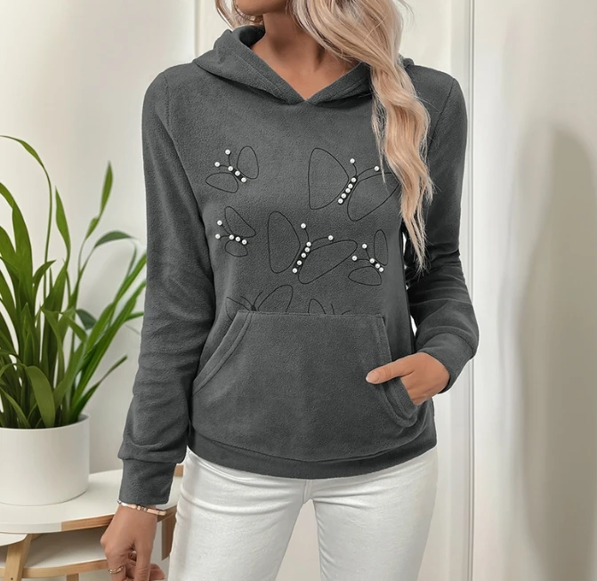 Hoodies Newly Released In 2025 Hot Selling Fashion Casual Nail Bead Pocket Design Long Sleeved Women In Stock Hooded Sweatshirt