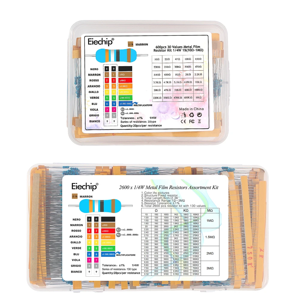 Kit de Resistencias de 300-2600 Piezas, 1/4W, 1%, Película Metálica, 0.25W, 10Ω~1MΩ / 1Ω~3MΩ, Caja de Resistencias para Reparación de Circuitos y Electrónica DIY