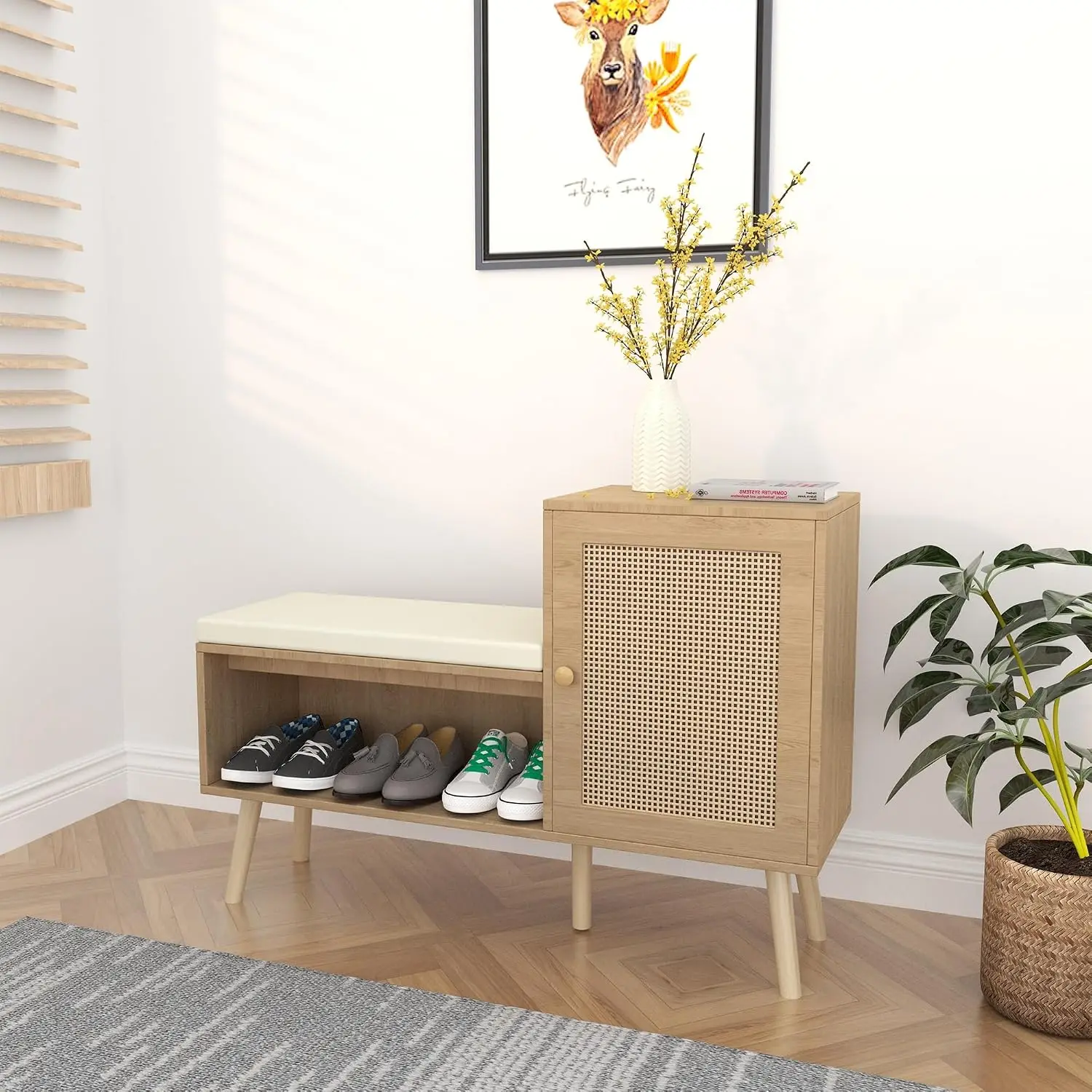 2-in-1 Rattan Shoe Storage Bench with Removable Cushion & 2 Shelves, Modern Entryway Organizer for Hallway, Natural, Customized