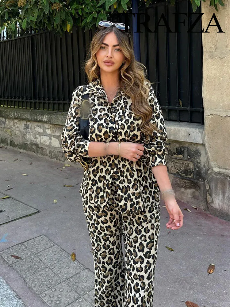 TRAFZA 2024 Spring Trendy Long Sleeves Lapel Shirt+High Waist Straight Leg Pants Women\'s 2 Piece Causal Leopard Print Retro Suit