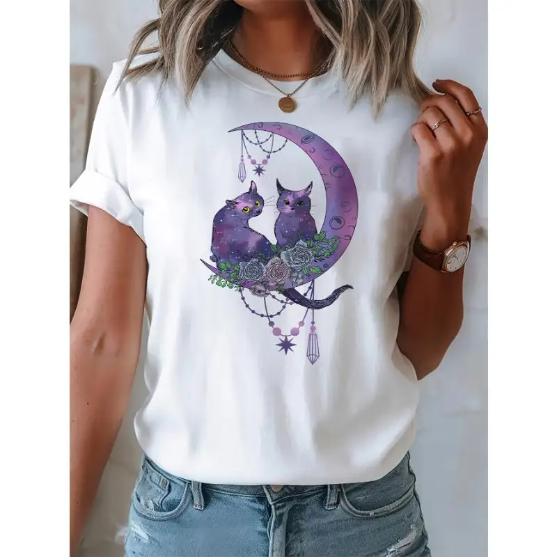 

Mystical Cat on Moon T-Shirt, Witchy Goth Graphic Tee for Women, Celestial Feline Print, Spooky Cat Lover Gift