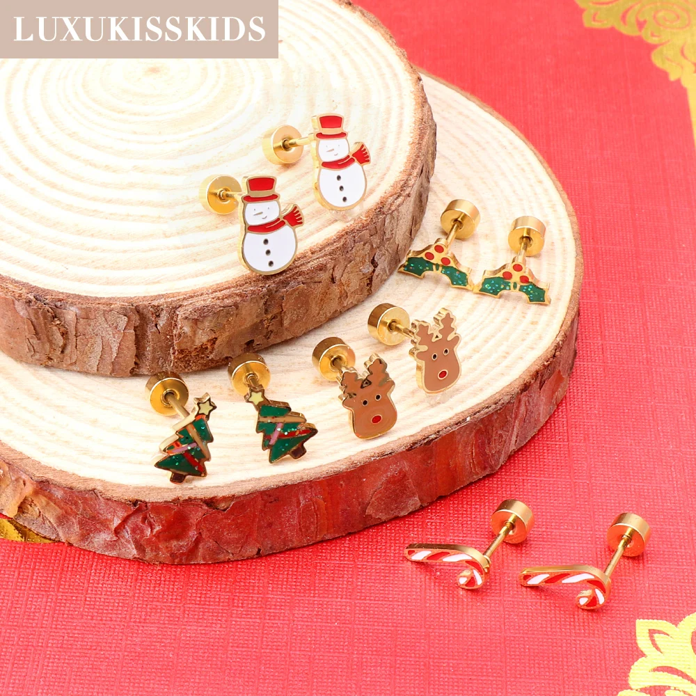 LUXUKISSKIDS New Christmas Earrings Studs For Girls/Woman Festival Jewelry Snowman Tree Crutch Cute Charms Kids Piercing Gifts