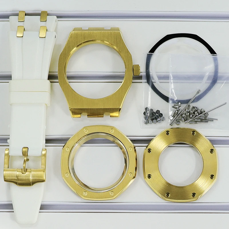 41mm Gold Watch Cases Rubber Bracelets Sapphire For Seiko nh35 nh34 nh36 nh38 Movement 28.5mm Dial With Chapter Ring Waterproof