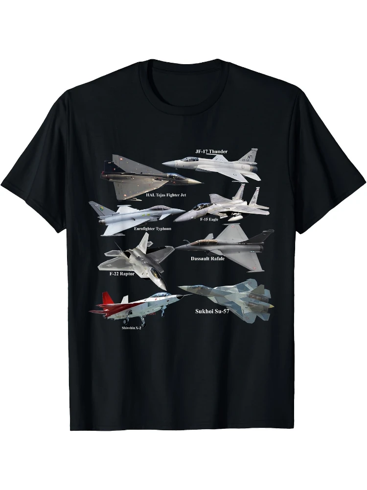 

T-shirt printed with multinational military aircraft patterns (F-22 Raptor, Typhoon, Su-57, Gust, J-20)-pure cotton.