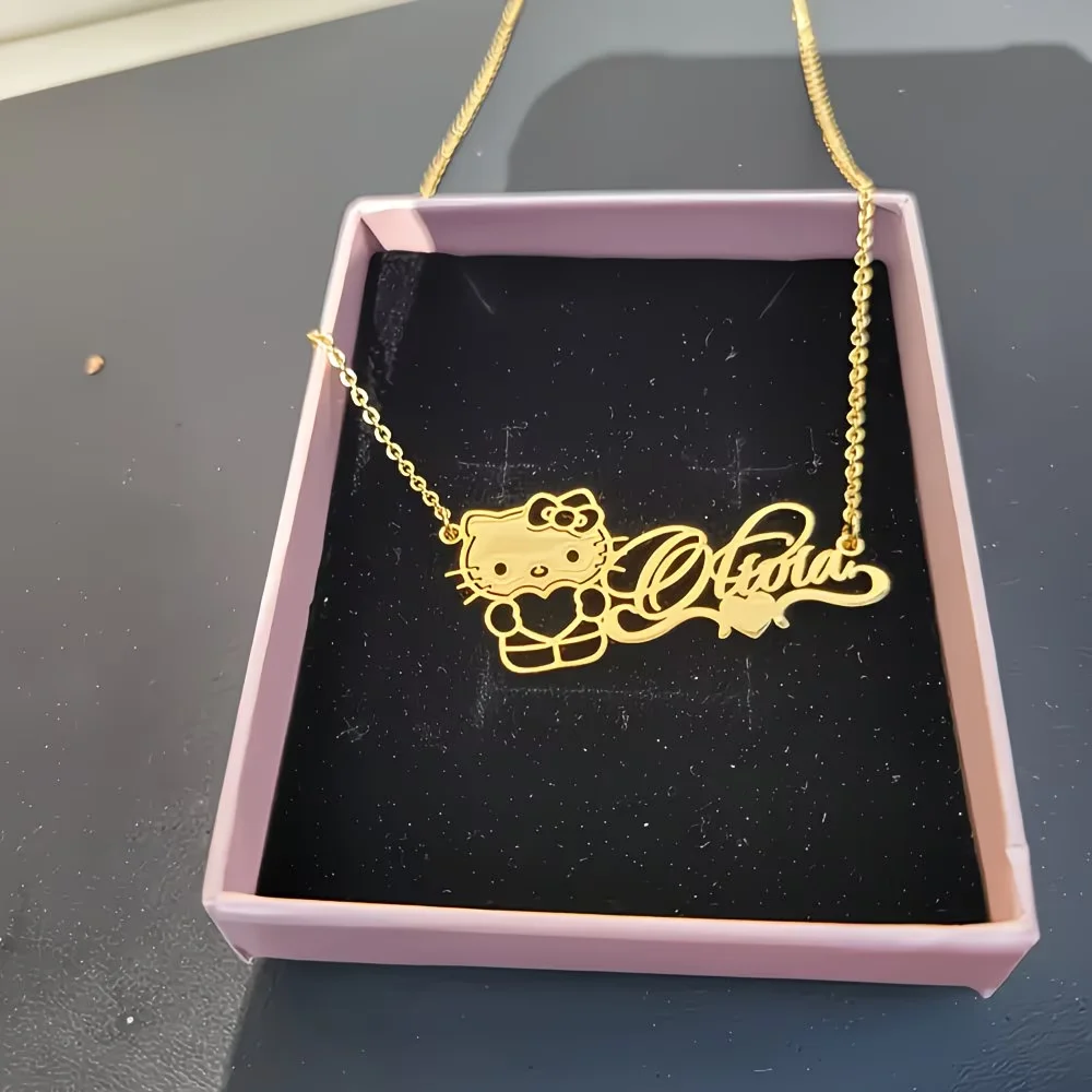 Custom Hello Kitty Ribbon Heart Name Necklace For Women Girls Fashion Sanrio Personalized Stainless Steel Jewelry Birthday Gift