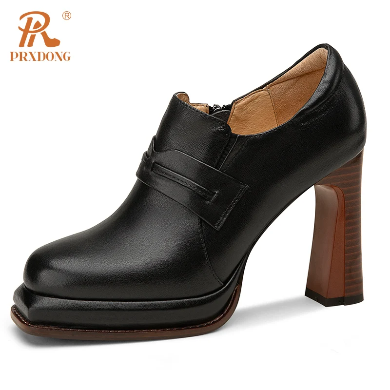 PRXDONG décolleté da donna nuova primavera autunno vera pelle di mucca tacchi alti piattaforma cerniera nero marrone vestito ufficio scarpe da donna