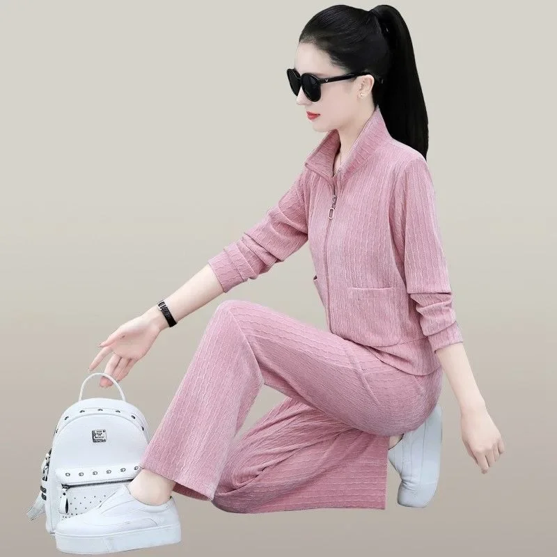 Cardigan Wide-leg Pants Wavy Velvet Sports Casual Suit Women's New Comfortable and Fashionable Age-reducing