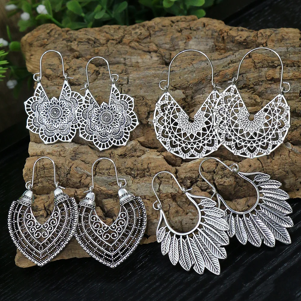 independent station hot-selling earrings women's European and American popular love flower leaf earrings retro silv