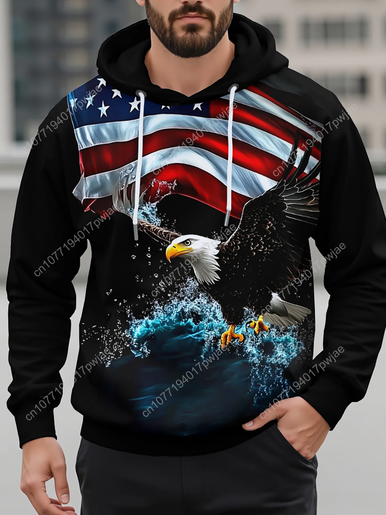 

[Bold Graphic Hoodie] Bold Graphic Hoodie | Men's Patriotic Eagle & American Flag 3D Print Hoodie with Kangaroo Pocket - Comfort