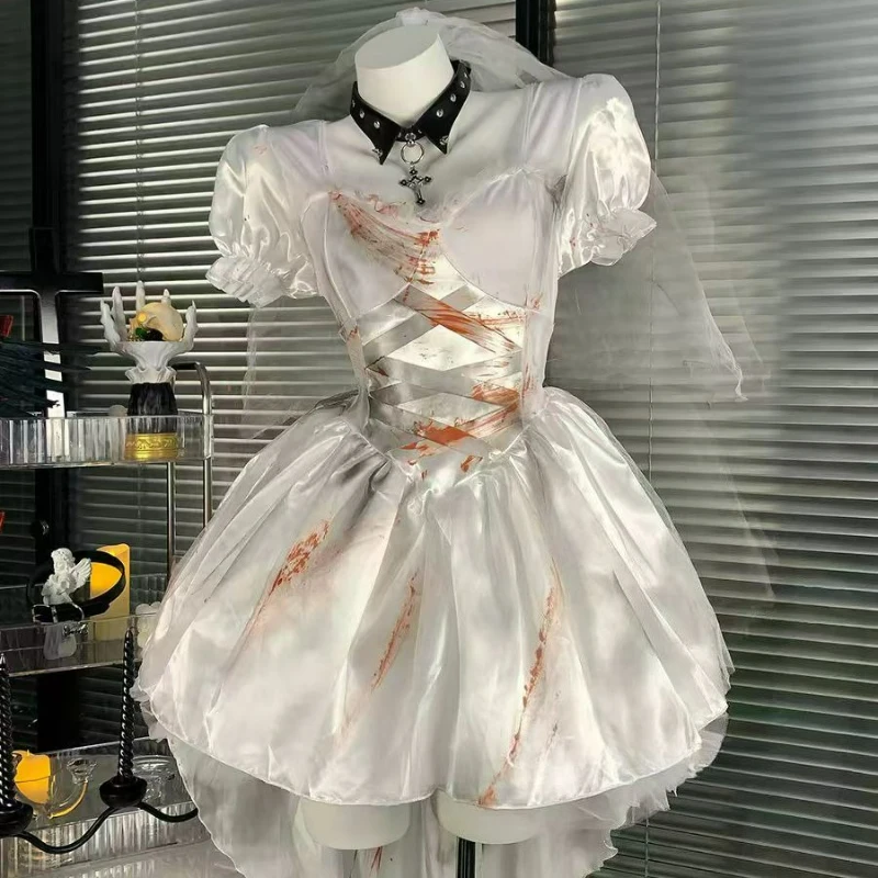 

Японское темное готическое платье в стиле лолита для женщин, винтажный костюм невесты для косплея, сладкое облегающее платье А-силуэта с коротким рукавом и шлейфом для вечеринок