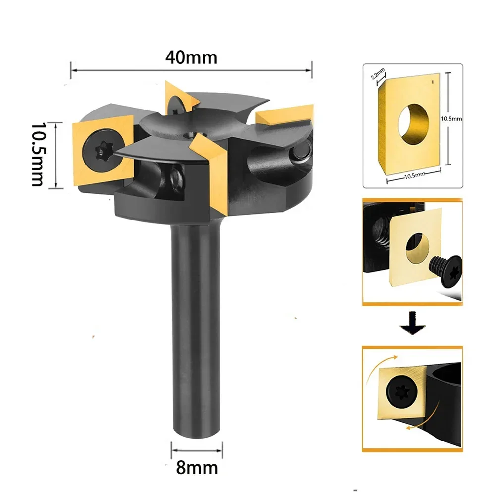 Precision Carbide Router Bit 4 Flute 40mm Diameter 8mm Shank for Consistent Flat Surfaces on Plywood Laminate and MDF