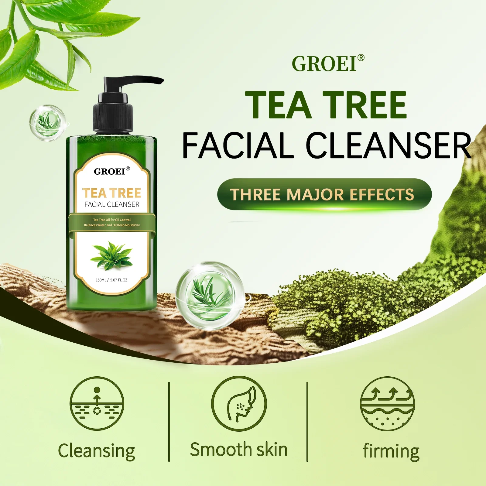 GROEI Tea Tree Facial Cleanser 150ml Deep Cleansing, Hydrating, Oil Control & Pore Tightening for Smooth Skin