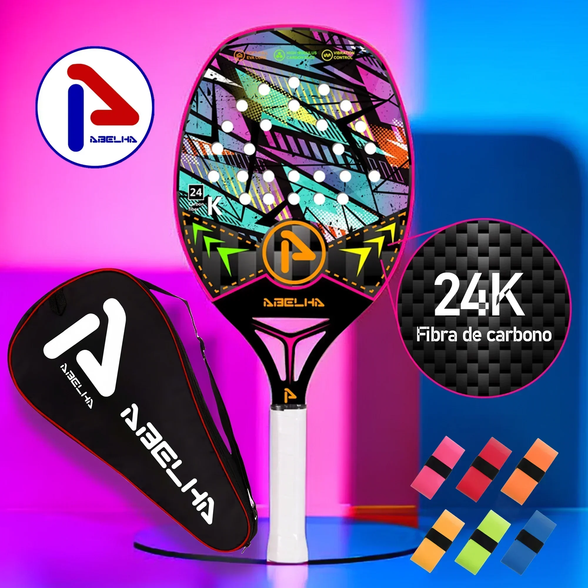 ABELHA 24K-Full Carbon Fiber Beach Tennis Racket, rough surface, cover bag, send Overglue, gift gift, in stock