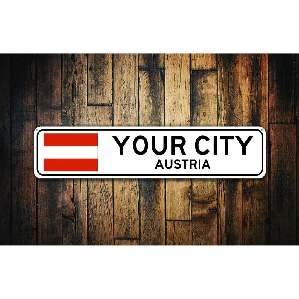 CIFbuy Personalized Text White Long Metal Sign, Custom Text Austria Flag Wall Ornament (Only For Decoration)