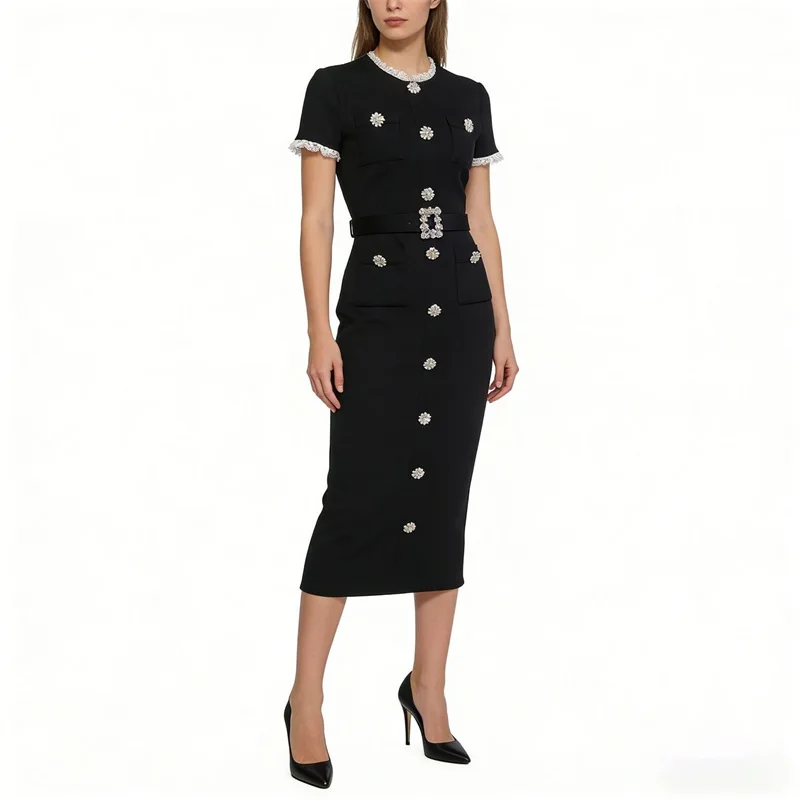 

Black Bandage Crystals Prom Dress Belted Short Sleeves Elegant Formal Office Lady Party Gown Wedding Guest Birthday Evening Robe