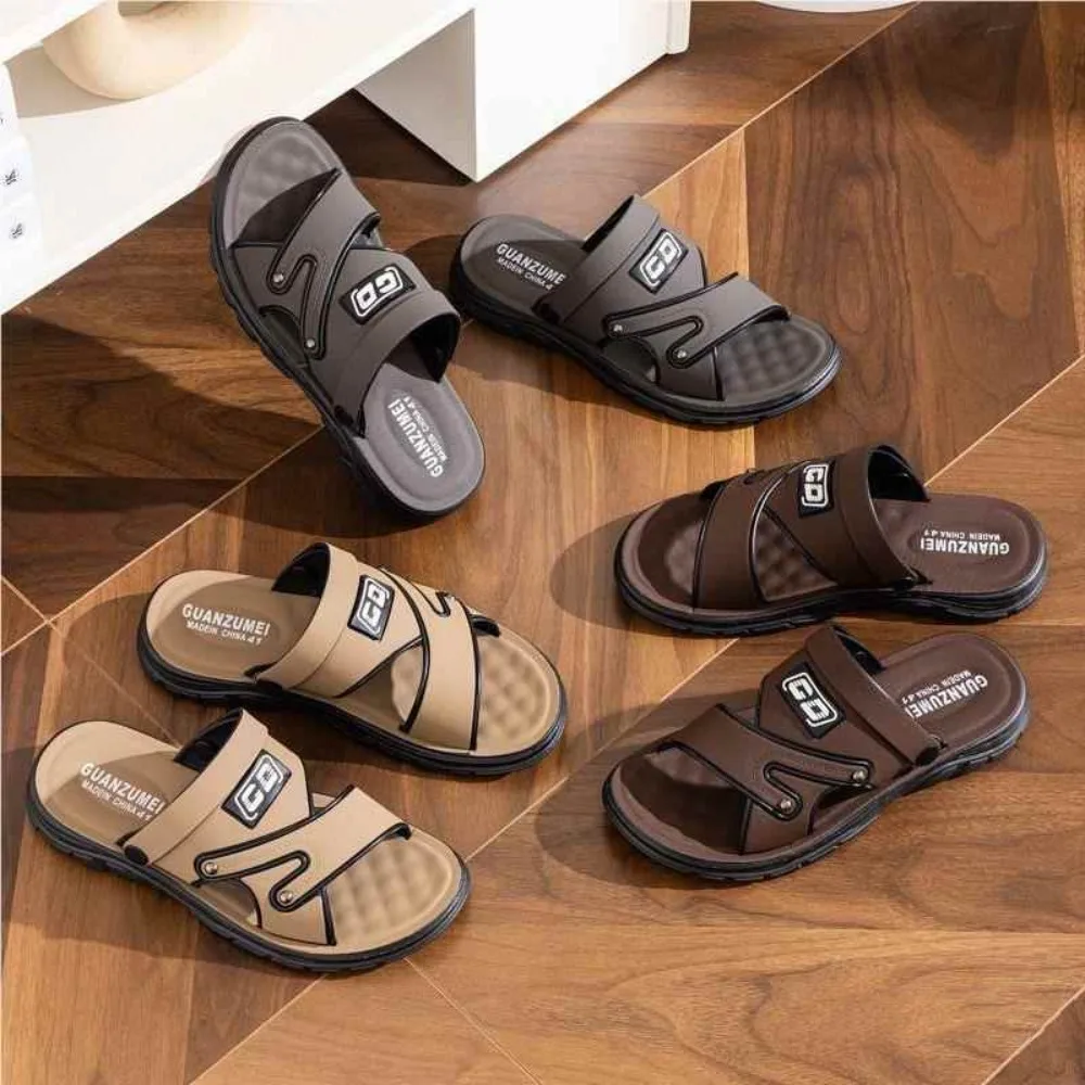 

All Match Solid Thick Soled Slippers Anti Slip PU Leather Slides Sandals Men Beachwear Shoes Ankle Buckles Sandals Male