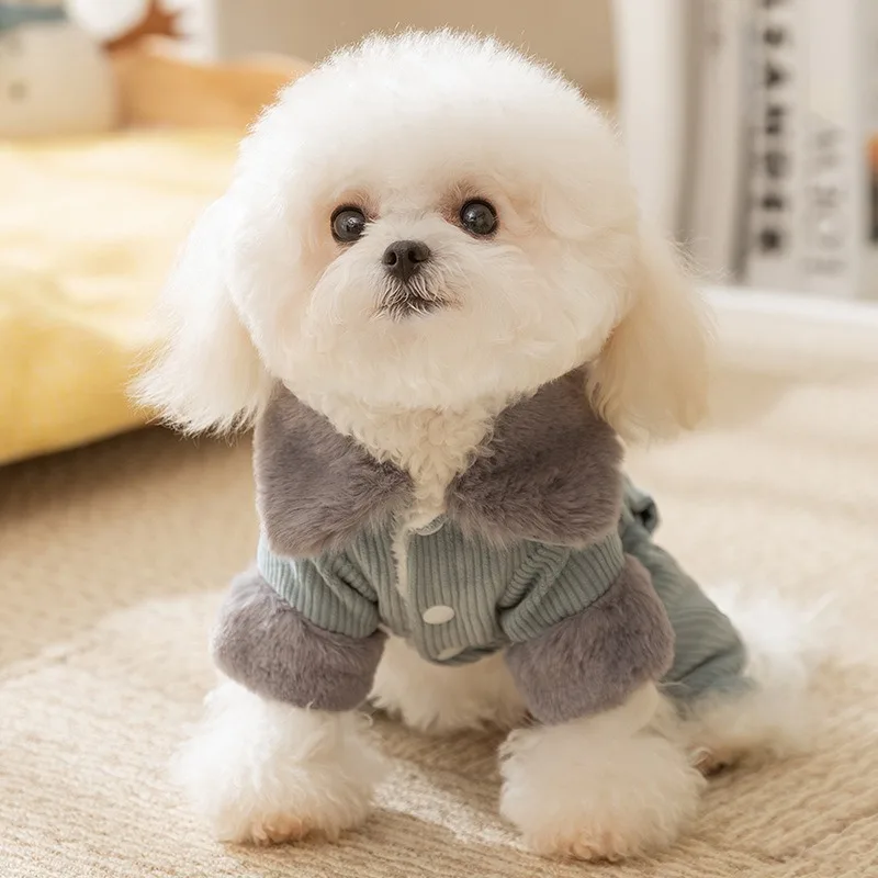 

Small and Medium Dog Winter Clothes Teddy Warm Jumpsuits Clothes Classic Pocket Corduroy Dog Four Legs Cotton Coat