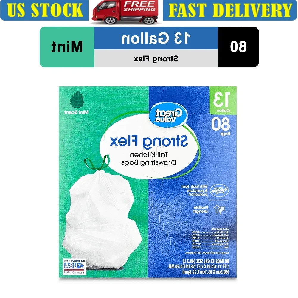 Strong Flex-bolsas de basura con cordón para cocina, 13 galones, aroma a menta, 80 unidades, protección contra fugas y pinchazos, fácil elevación y transporte
