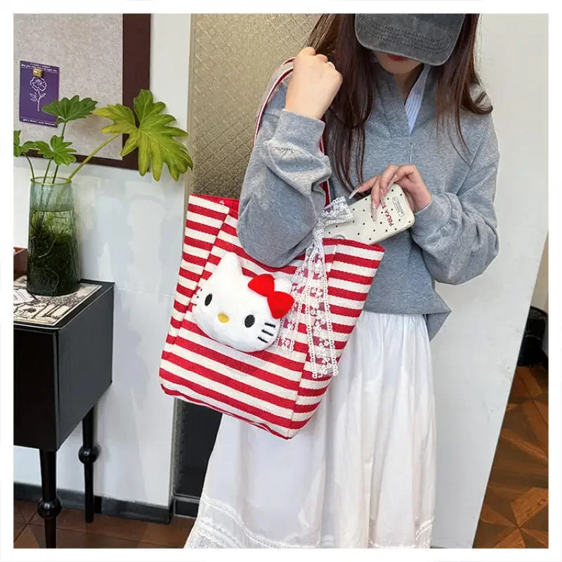 

New Hello Kittys Crossbody Bag Stripe Canvas Tote Bag Large Capacity Double Sided Available Shoulder Bag Bags for Woman