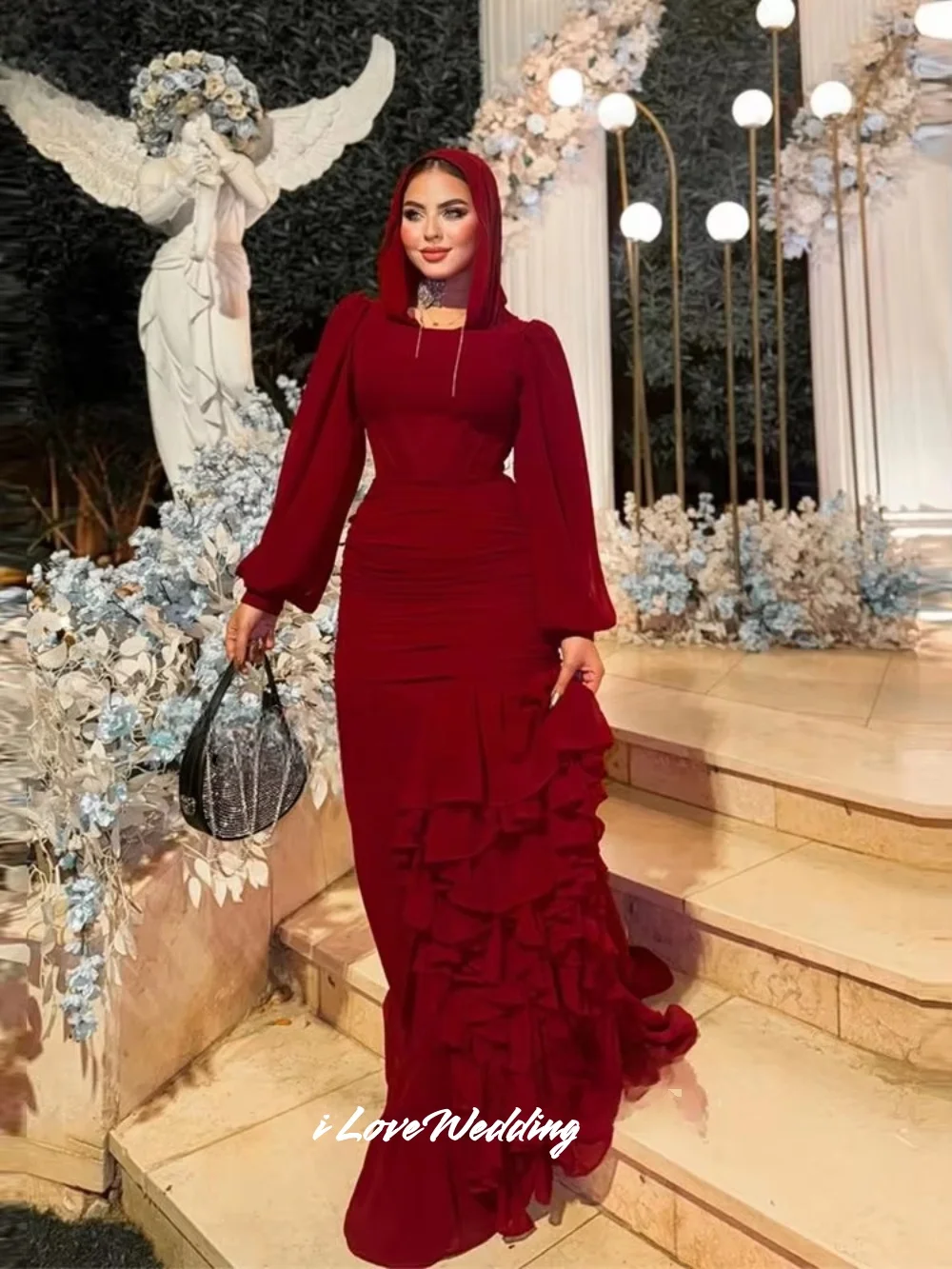 Burgundy Muslim Prom Dresses Long Sleeve Multi-Layered Ruffle Mermaid Ruched Floor-Length Formal Evening Party Gown Customized