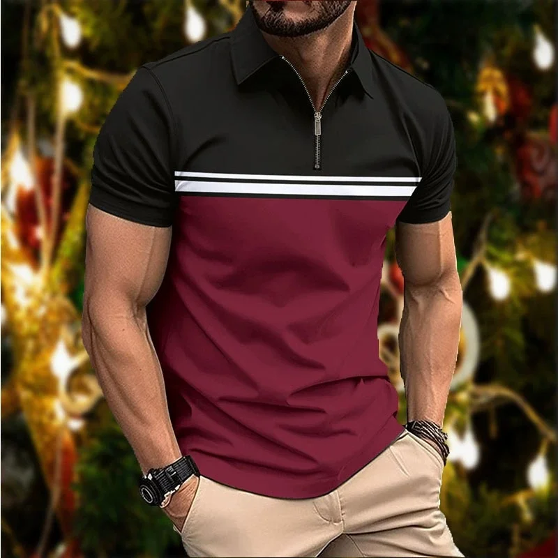 Men's summer patchwork v-neck stylish slim-cut front-striped men's T-shirt polo shirt casual camping sho.rt-sleeved shirt