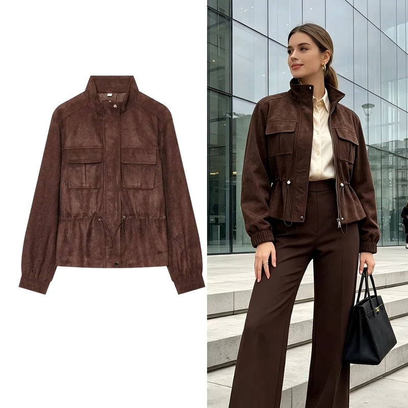 Women's  Faux Suede Jacket, Stand Collar Snap Button Workwear Coat with Drawstring Waist and Flap Pockets, Casual Outerwear