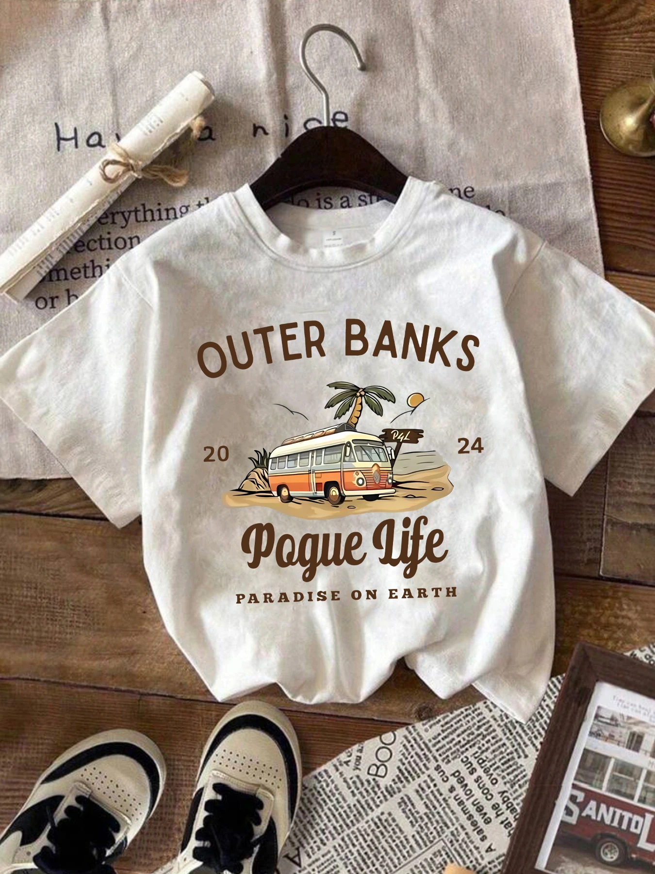 

OUTER BANKS с буквенным узором и круглым вырезом, женская футболка больших размеров, с коротким рукавом, трендовая эластичная футболка с короткими рукавами и принтом