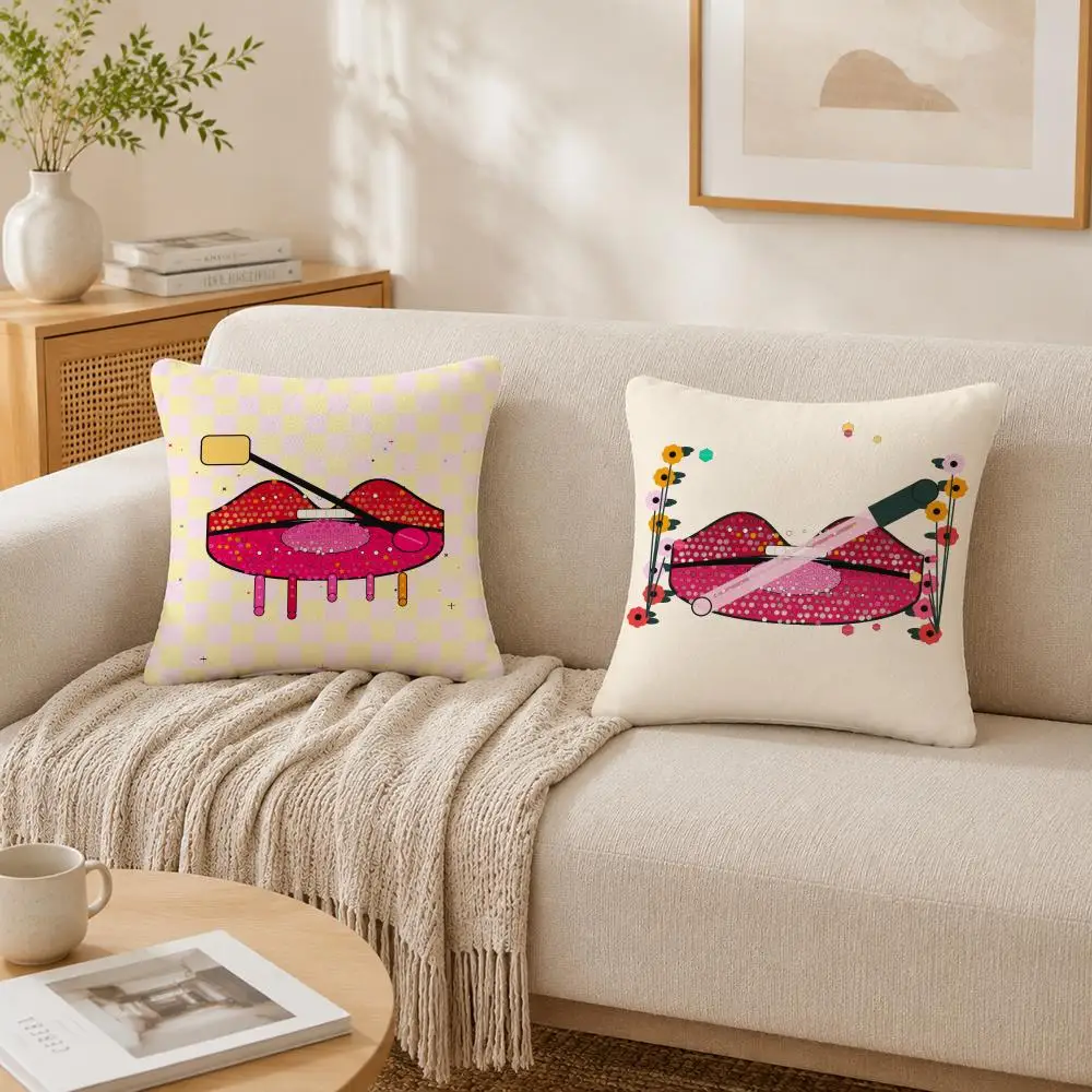 Beaded Lips Pop Art Cushion Cover Double-Sided Plush Sofa Cushion Covers Organic Breathable Invisible Zipper