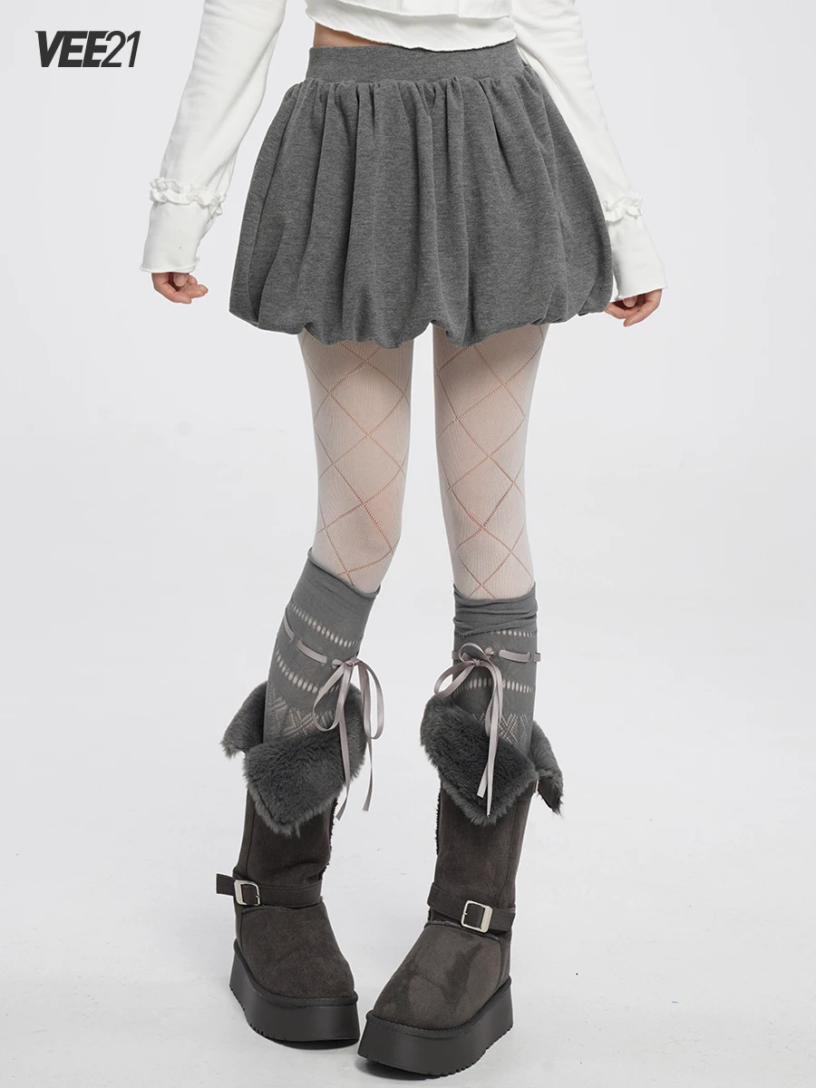 

Vee2 Winter ey Fce Lined Brued ort Skirt Puffy f Length Flower Bud Sle Girls Daily Wear Low Waist Elastic Waist