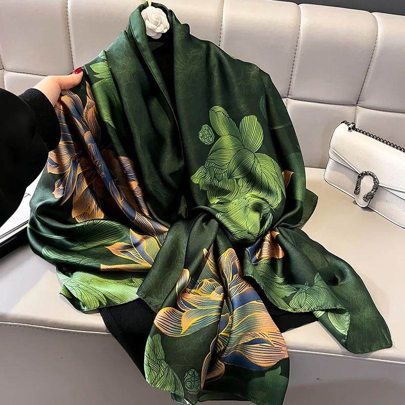 BYSIFA|Dark Green Silk Scarf Ladies Spring Fall Winter Floral Large Size Long Scarves Wraps Summer Beach Shawl Cover-ups