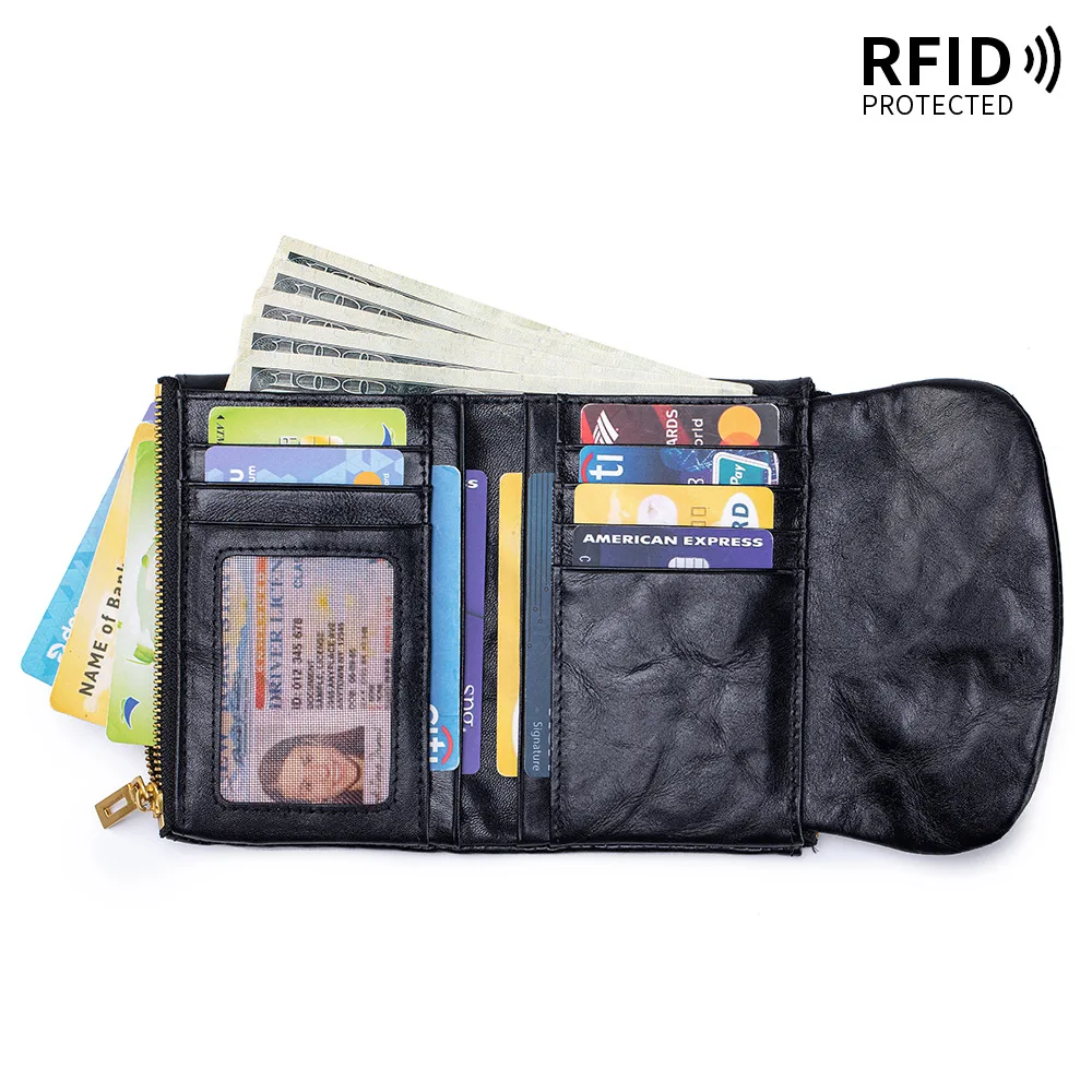 Lady Short Purse Genuine Leather Vegetable-tanned Women's Wallet RFID Card Holder, Coin Purse New Product  Large-capacity Wallet