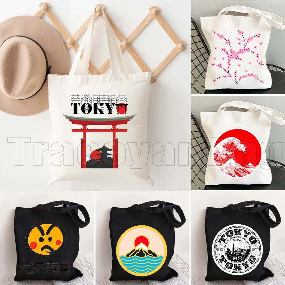 

Сумка-шоппер из холщовой ткани в японском стиле с изображением гор Фудзи, сакуры в Осаке, волны Канагавы, с изображением самураев, повседневная сумка-тоут
