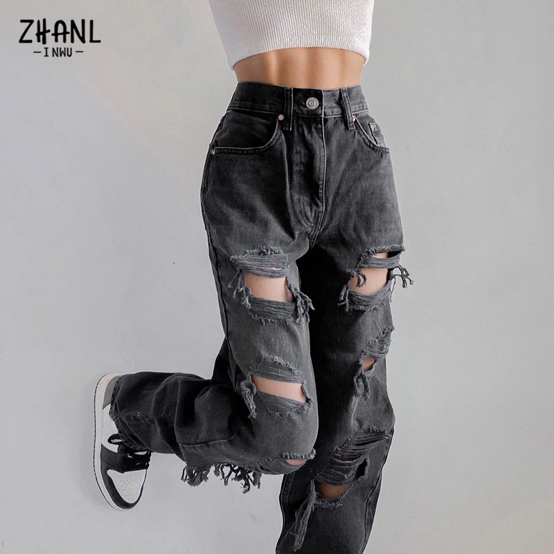 Pantalones rectos de cintura alta para mujer, Jeans rasgados negros Vintage, ropa de calle de moda, pantalones de Hip Hop con agujeros, pantalones