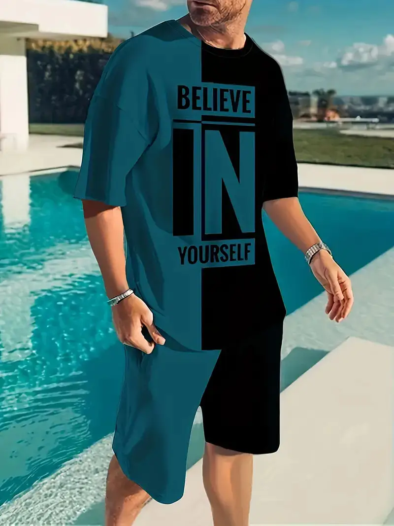 3D Believe In Yourself Bedrucktes T-Shirt + Shorts 2PCS Outfits Sommer Herren Casual Sportanzug Mode Strand Kurzarm T-Shirt Set