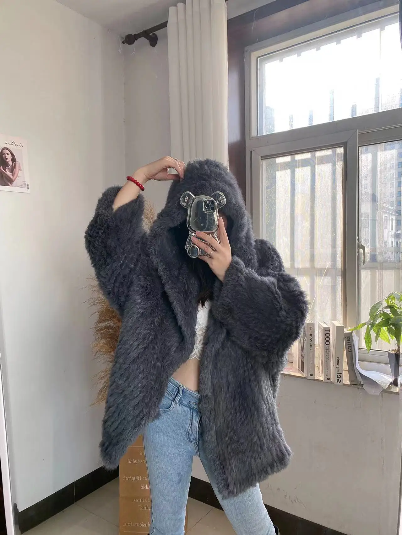 Furshehe Autumn Winter Women Real Rabbit Fur Knitted Coat Female Casual Long Sleeve Genuine Fur Jacket Thick Warm Outerwear New