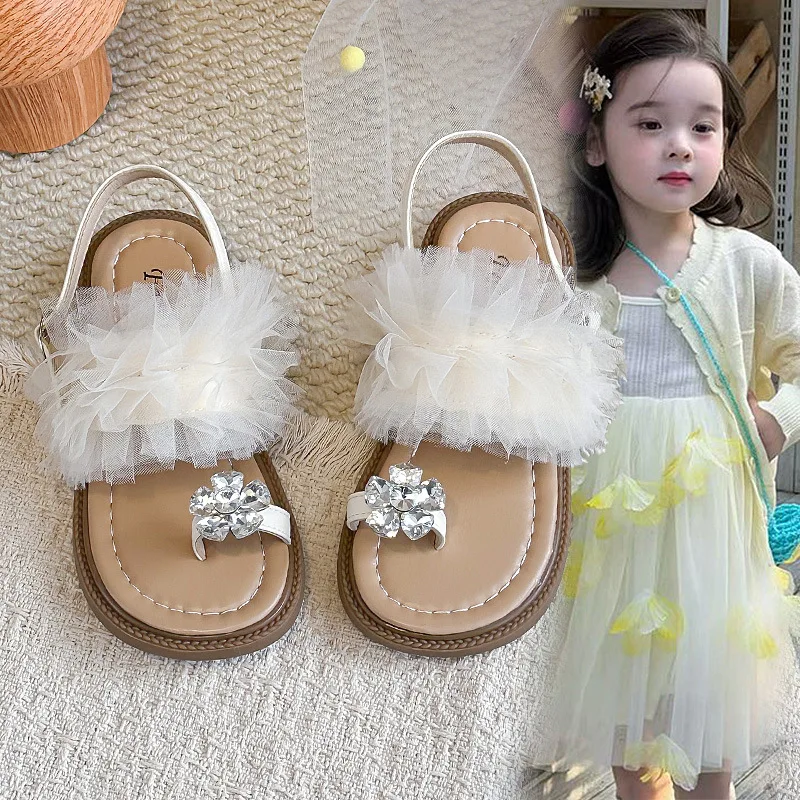 Girls Princess Sandals with Sweet Lace Kids Casual Beach Shoes Open Toes Soft 2026 Summer New Children Fashion Shoes Non-slip