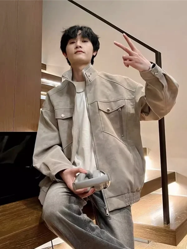 

American Retro Matte PU Leather Jaet Men's Spring Autumn Harlandon Stand Collar Workwear Loose Casual Couple Top