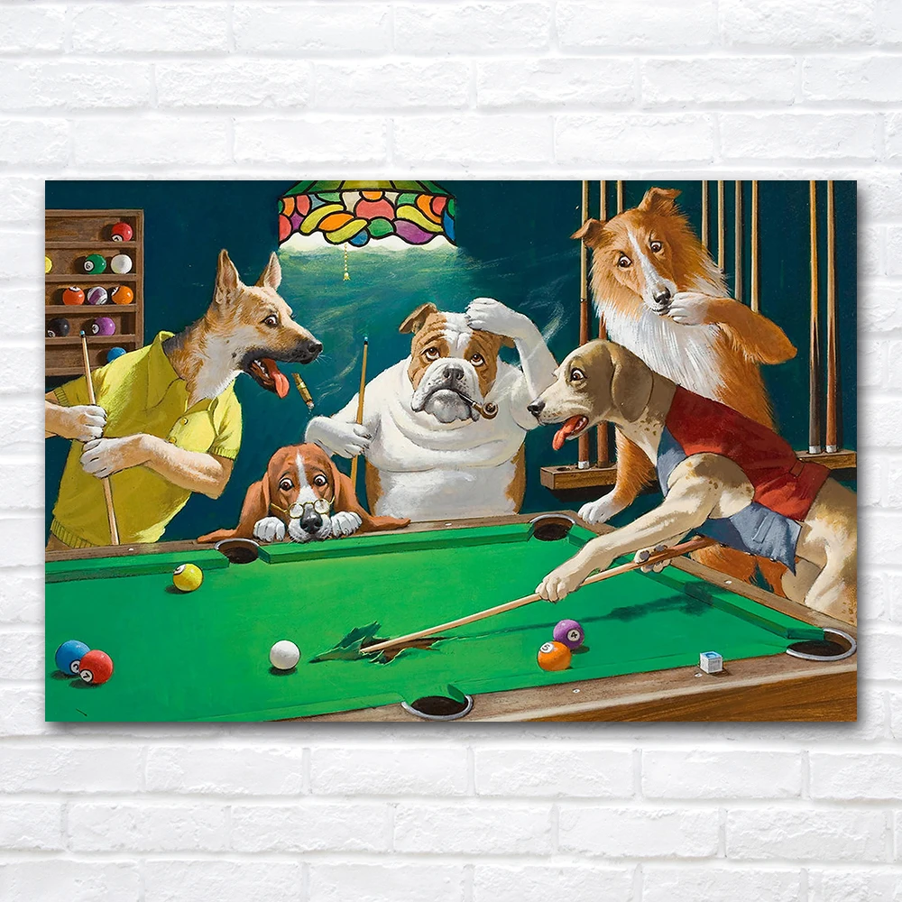 Dogs Playing Pool Billiards Painting Poster and Print Wall Art Canvas Home Decor Decorative Paintings Illustration