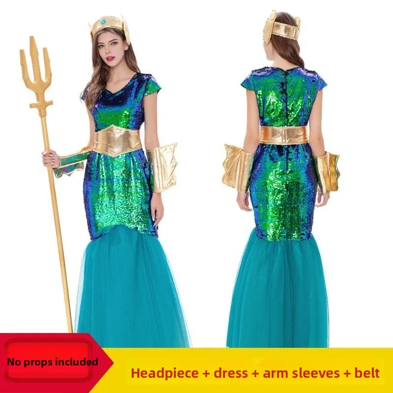 Princ sereia traje feminino adulto crianças loween desempenho roupa pai-filho ow bar princ lady fi cauda