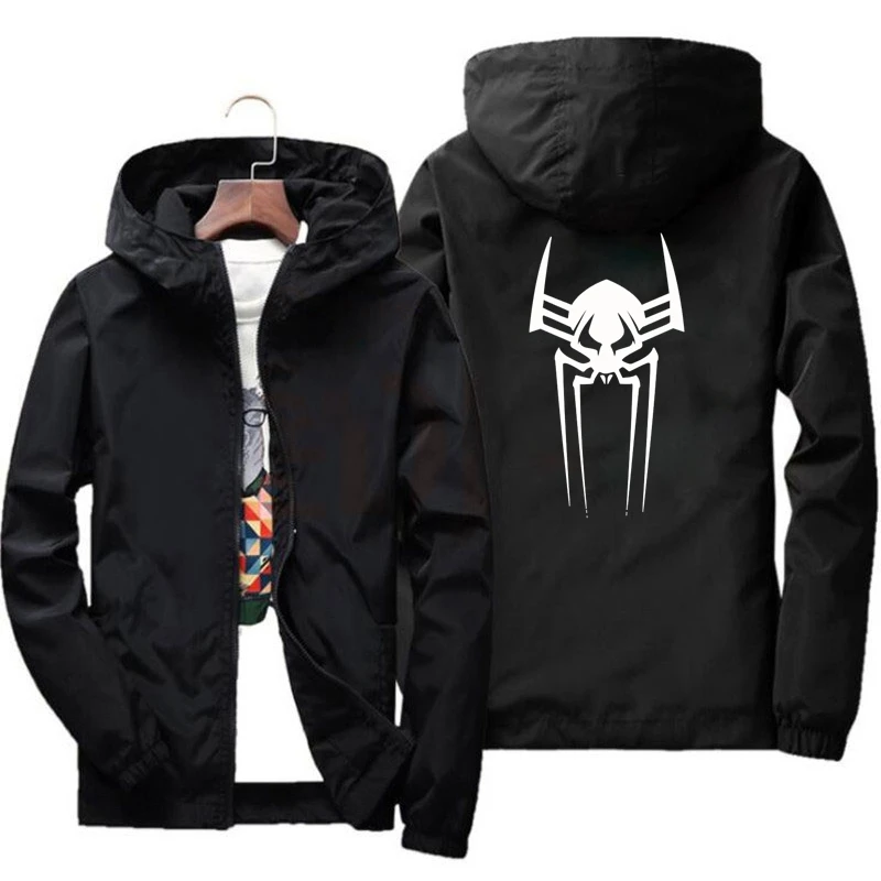 

2024 Spider print men's outdoor bomber loose jacket waterproof windbreaker sports fashion casual hooded light coat in autumn