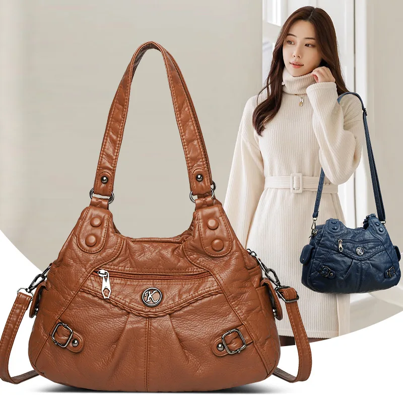 Shoulder Bag Foreign Trade Hot-selling Personalized Women's Atmospheric Commuter Bag Woven Leather Button Pleated Bag