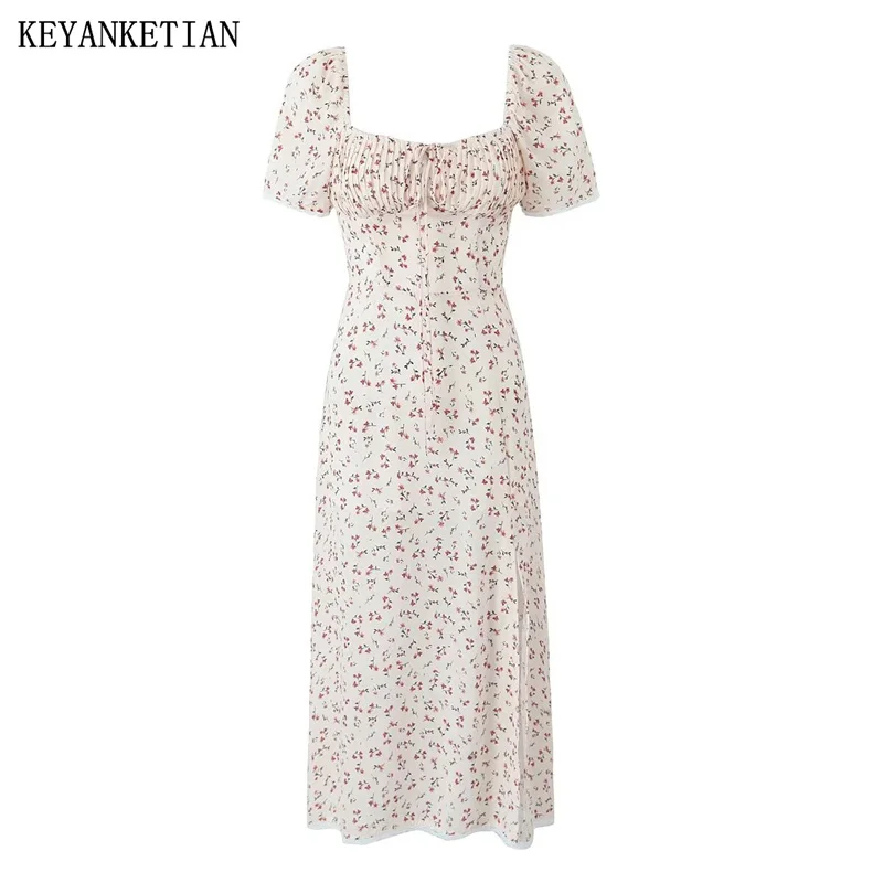 

KEYANKETIAN 2024 New Launch Women's Garden Style Floral Print Dress Lace Up Slash neck Slim Sweet Short Sleeve Slit MIDI Dress