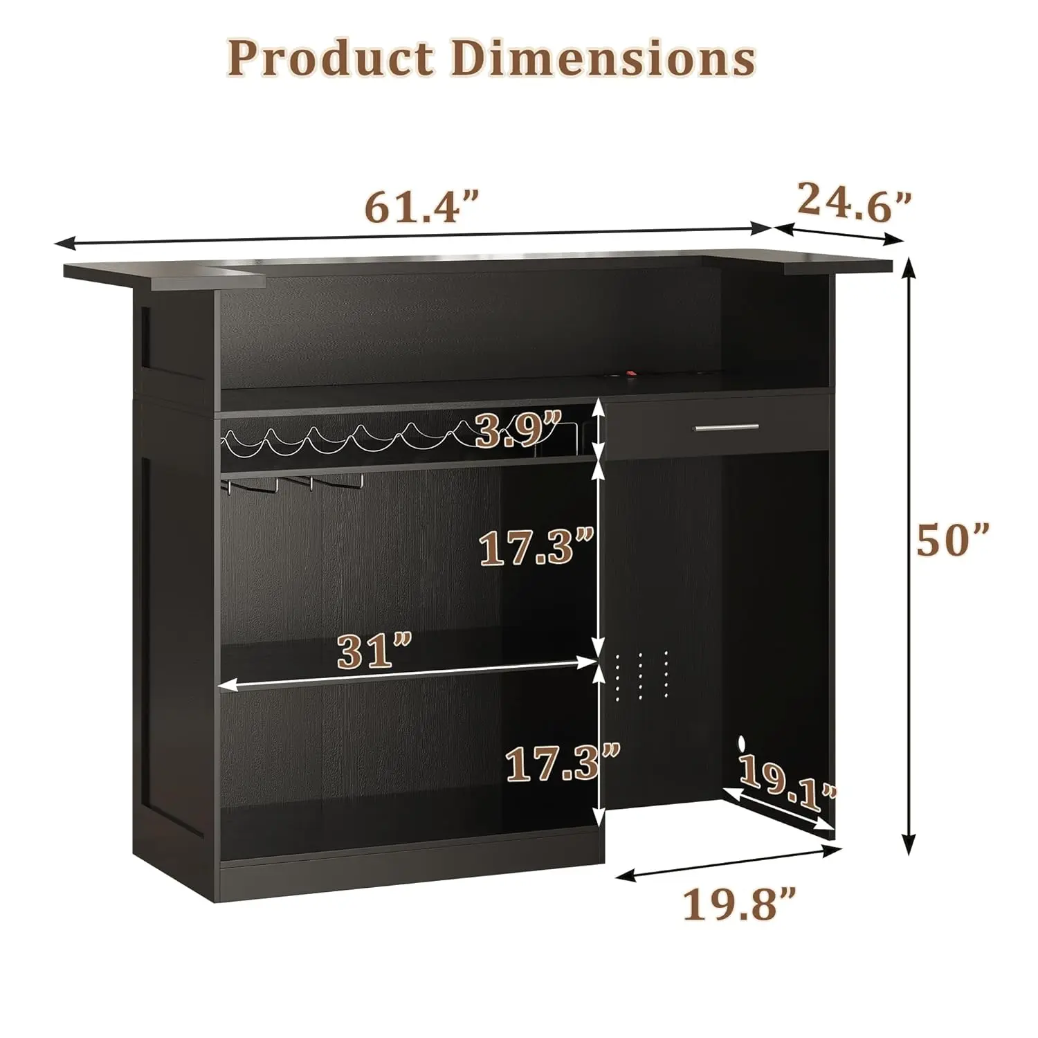 Home Bar Unit Mini Fridge Space Liquor Cabinet Storage Shelves Drawer Wine Glass Holder Basement Living Room, Customized