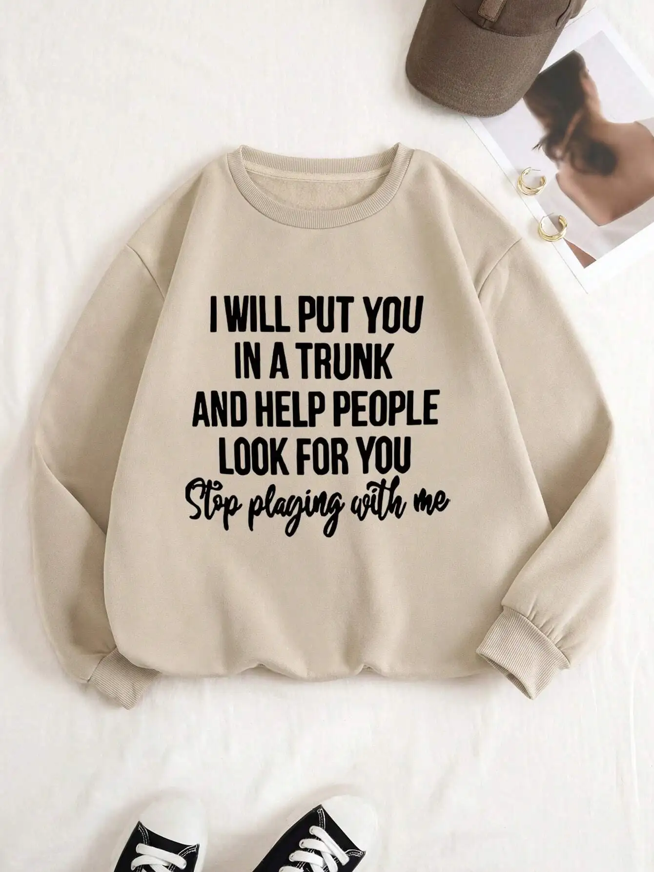 

Graphic Print Oversized Sweatshirt with Bold Slogan Text - Beige Fall Casual Pullover