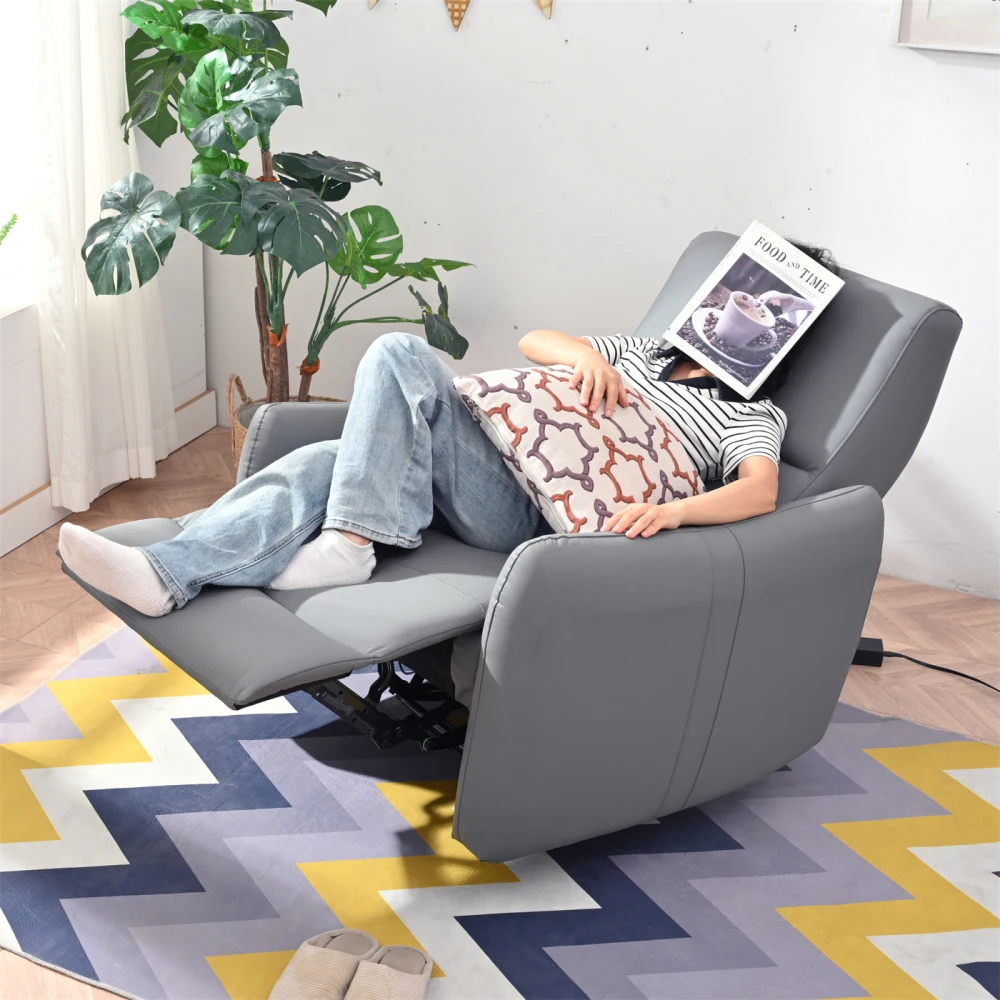 

Wall Hugger Power Electric Recliner: PU Leather, Small Space, USB(Type-C), Blue-Gray